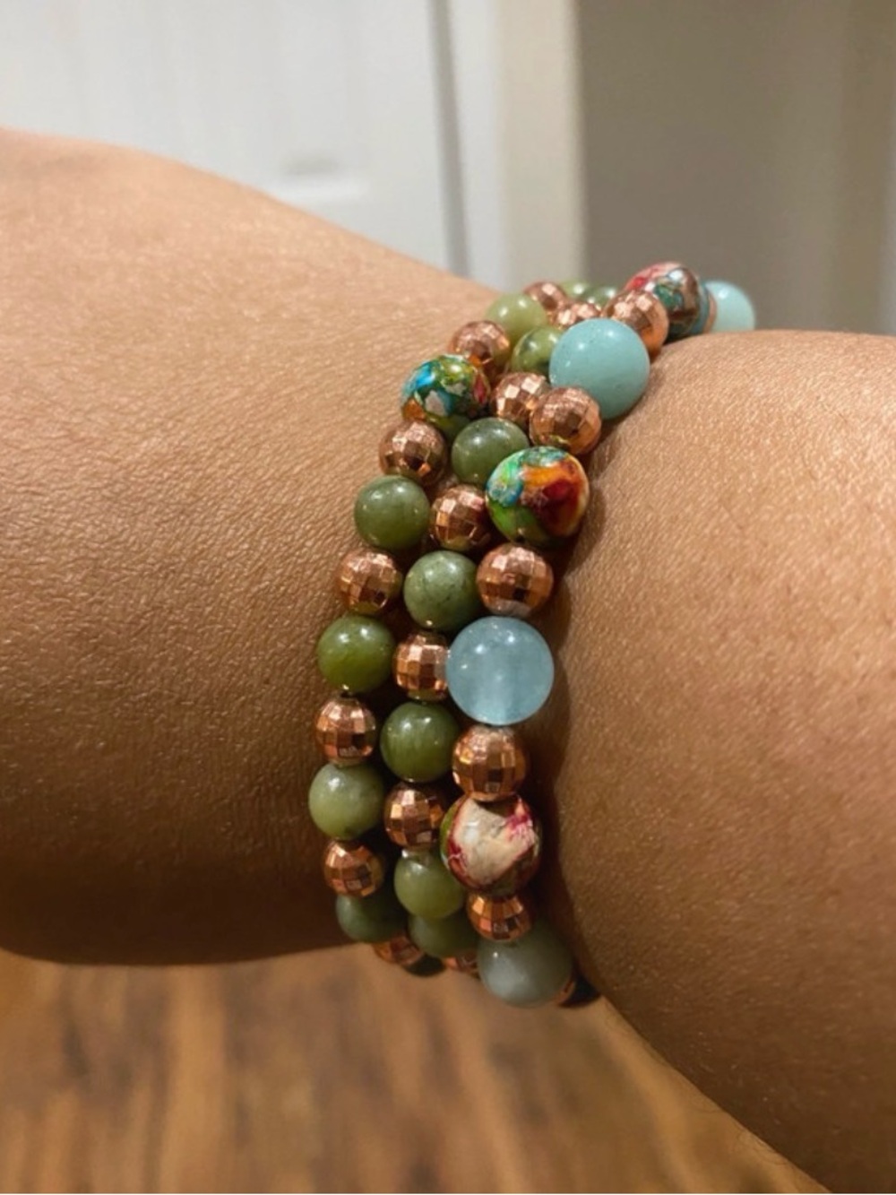 Colorful Sea Sediment Jasper, Amazonite & China Jade Healing Stacked Bracelets - Picture 6 of 6